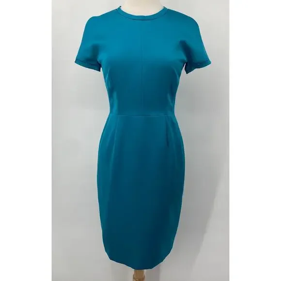 Escada Sheath Dress Knee Length Short Sleeve Teal Blue $1075 MRSP NEW Womens 6